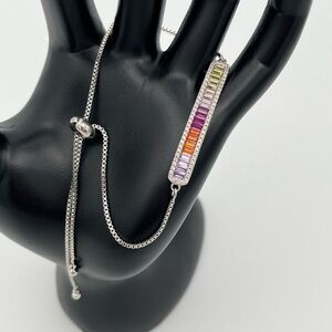 Rainbow Gradient Bar Bracelet – Adjustable Silver-Tone with Slider Clasp